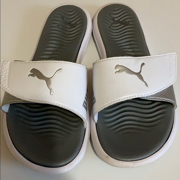 grey puma slides